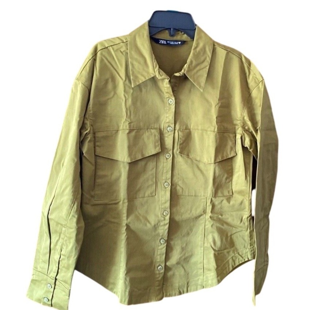 Zara  Olive Green Button Down Long Sleeve‎ Pockets Top Size S